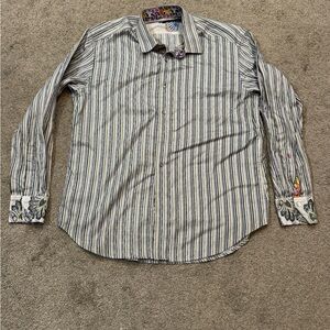 ROBERT GRAHAM Long Sleeve Shirt Large Crisp Stripes Embroidered Floral Cuffs